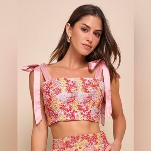 Lulu's Multicolor Floral Crop Top with Pink Bow Straps